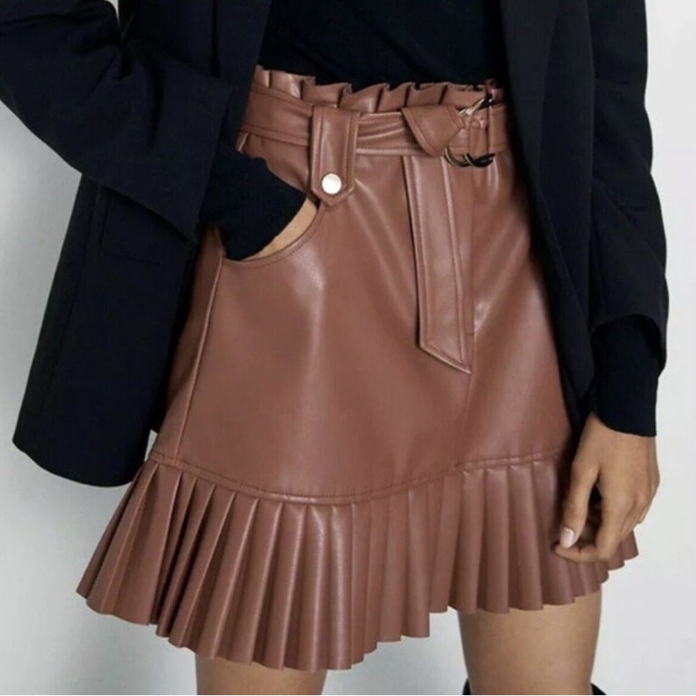 ZARA ROSE PINK FAUX LEATHER PLEATED MINI SKIRT WITH BELT